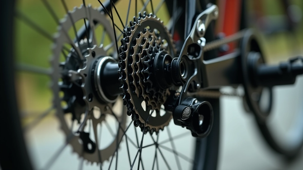 Bicycle derailleur and chainring showing multiple gears for varied terrain