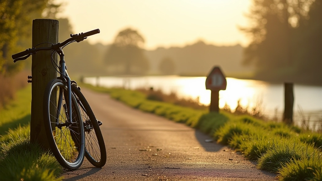 Bicycle leaning against rustic wooden post on scenic path, water visible in background, morning light creating soft shadows