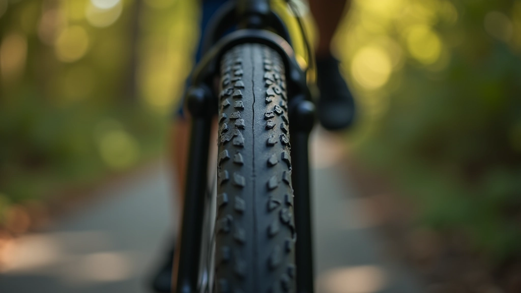 Wide bicycle tire with tread pattern showing good grip and stability characteristics