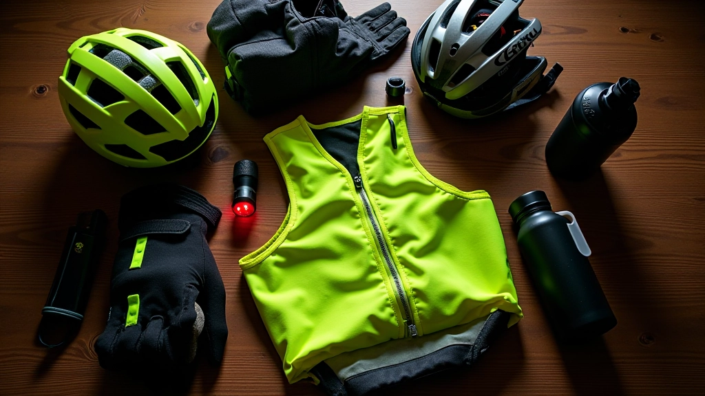 Safety gear including helmet, reflective vest, and cycling lights arranged on dark background