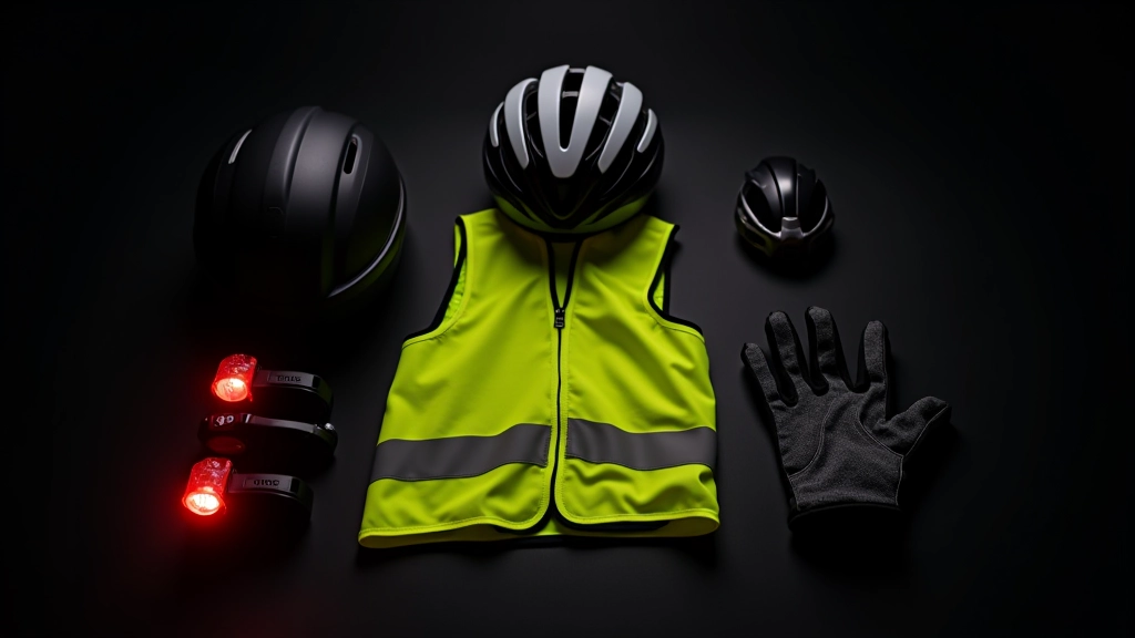Collection of cycling safety gear including helmet, lights, reflective vest, and cycling gloves laid out