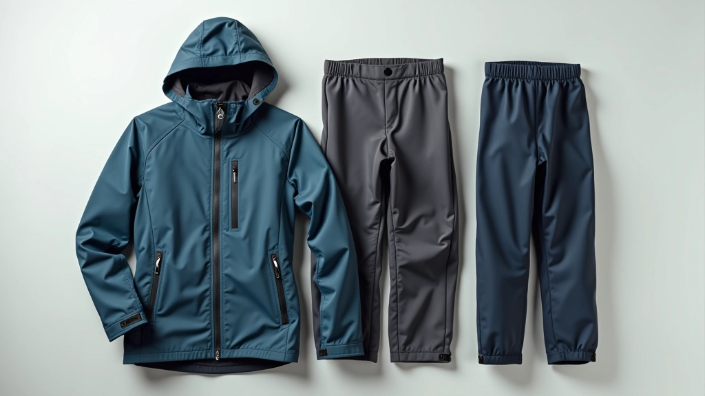 Cycling apparel and weather gear including waterproof jacket, layers, gloves, and rain pants displayed
