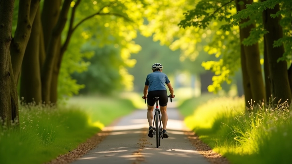 Cyclist riding through wooded section of Rye Water Valley route with dappled sunlight filtering through tree canopy