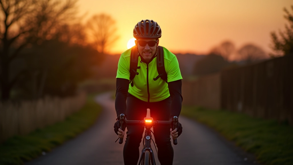 Cyclist with full visibility setup including lights, reflectors, and bright clothing on early morning path