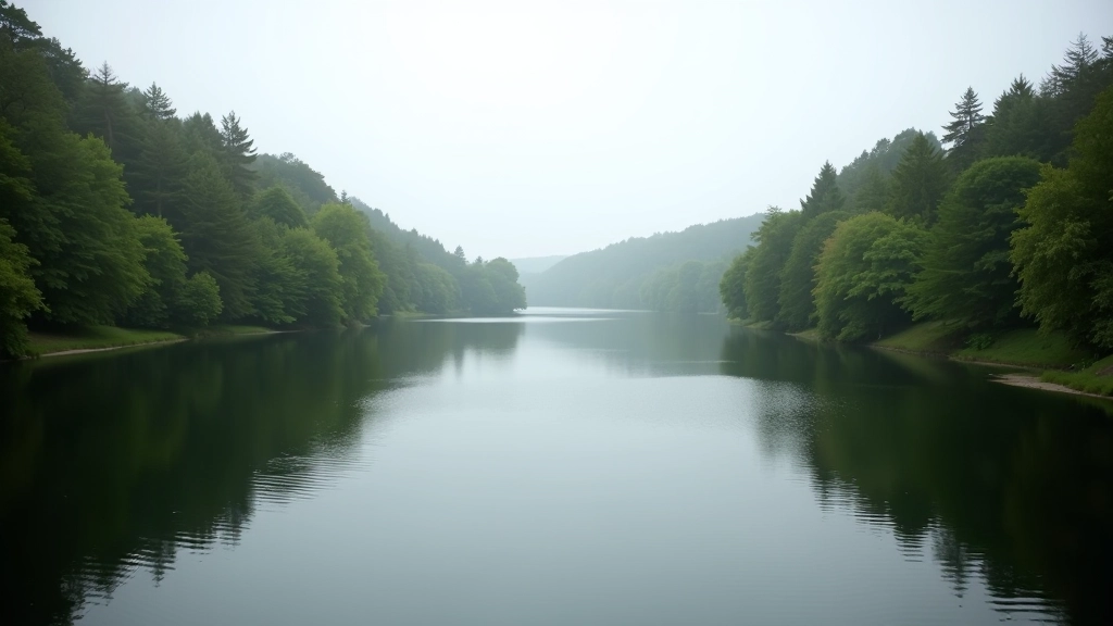 Wide landscape view of calm dam water with forested banks on both sides, overcast sky, peaceful natural setting, person walking on path in distance for scale