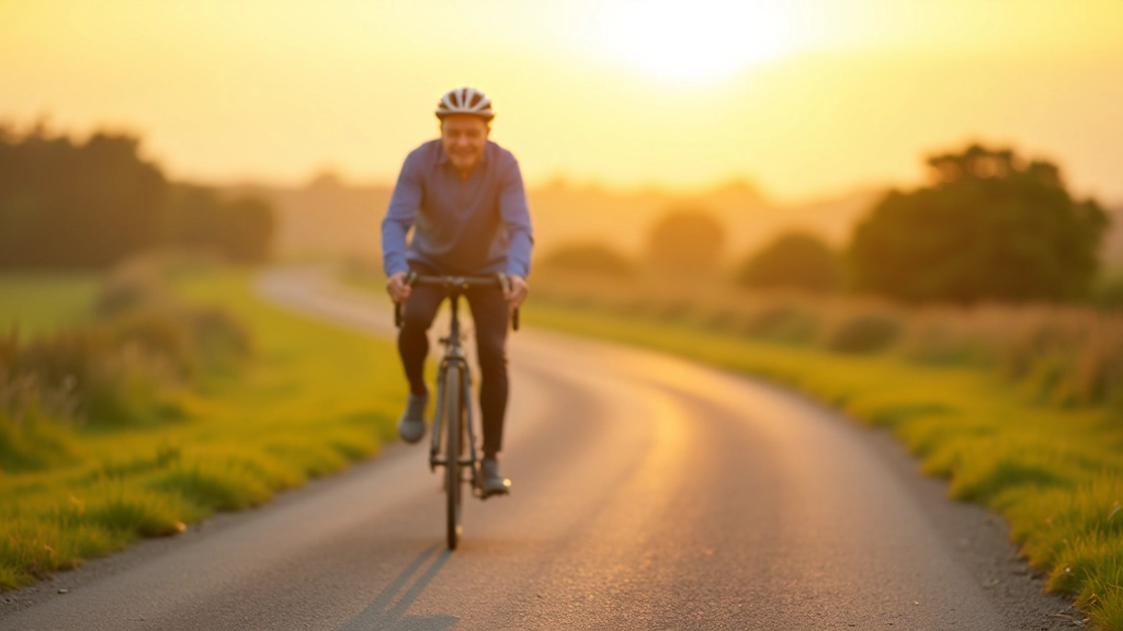 Mature cyclist riding on paved path with countryside landscape stretching behind