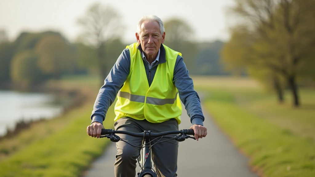 Older adult cyclist riding slowly along tree-lined path near water, wearing helmet and bright colored vest for visibility, peaceful expression