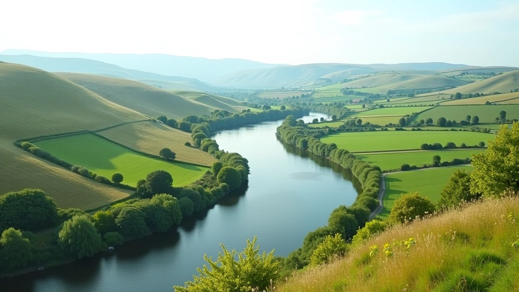 Panoramic view of Rye Water Valley from elevated point showing river winding through green landscape with distant tree line