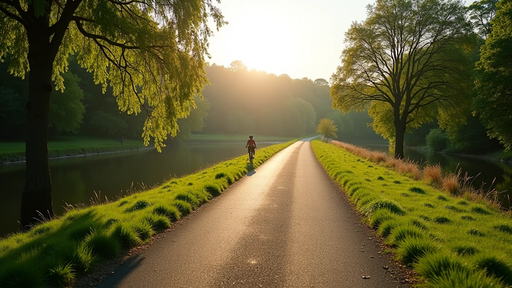 Scenic cycling path along river with trees and water reflections visible