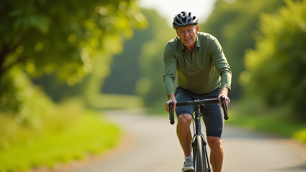 Senior cyclist on paved cycling path wearing proper gear and comfortable riding position
