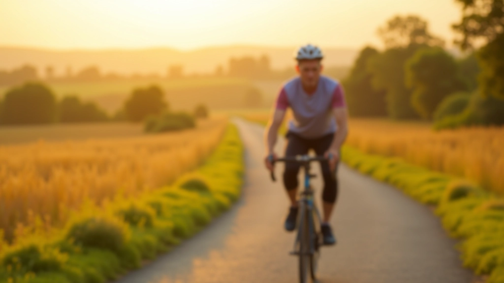 Older cyclist on wide paved path with open countryside and fields visible in background