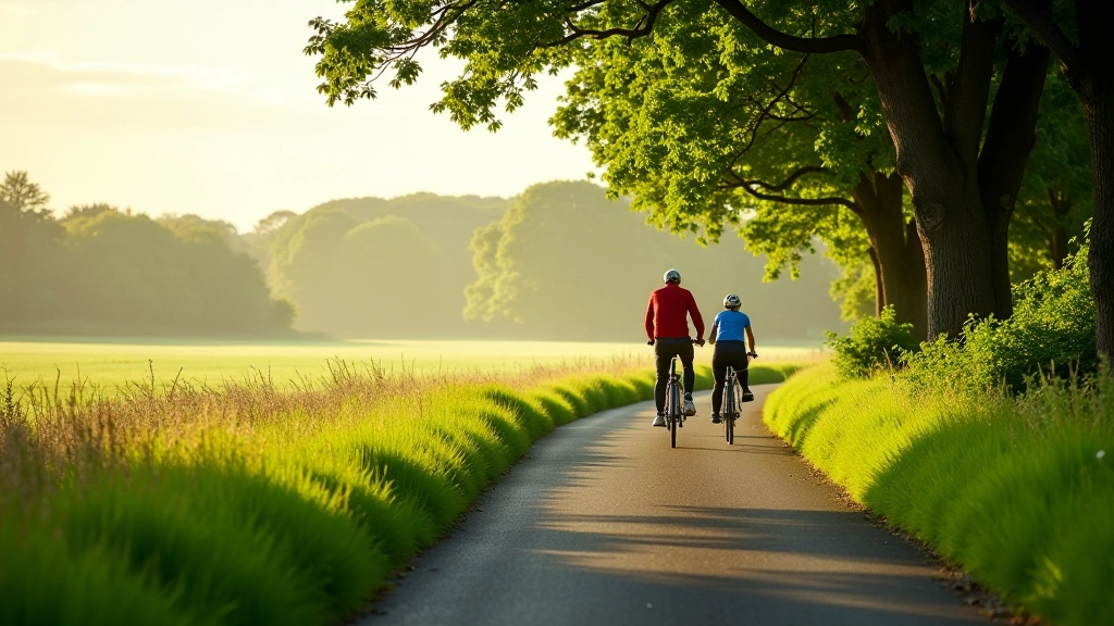 Smooth cycling path running alongside the Rye Water with green fields on both sides and trees providing natural shade