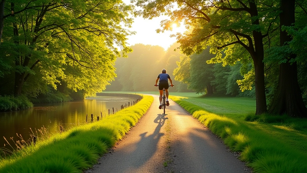 Scenic riverside cycling path with lush green trees and calm water reflections